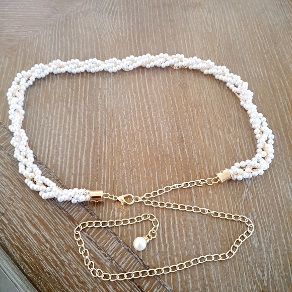 Faux white pearl beaded Gold‎ evening bridal waist wedding dress belt - Picture 4 of 15